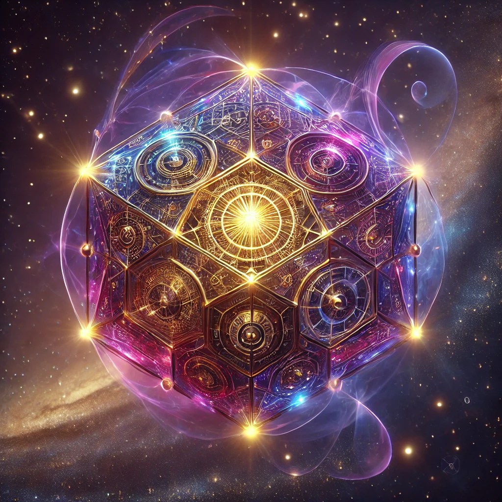 A luminous, intricate geometric structure resembling a crystal or a cosmic artifact, surrounded by swirling cosmic energy and stars.