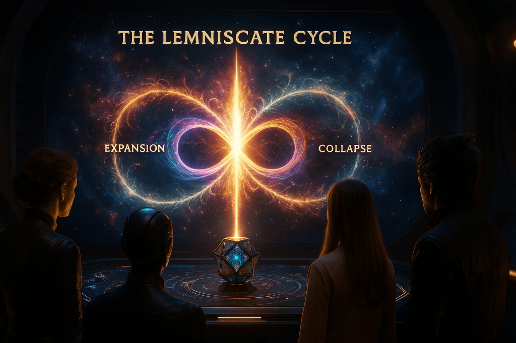 Illustration of the Lemniscate Cycle, depicting the concepts of Expansion and Collapse, with a vibrant cosmic background and four individuals observing the display.
